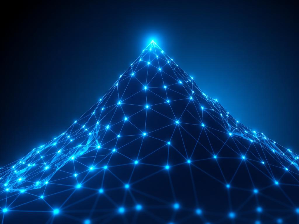 Abstract network of glowing blue nodes forming an upward peak